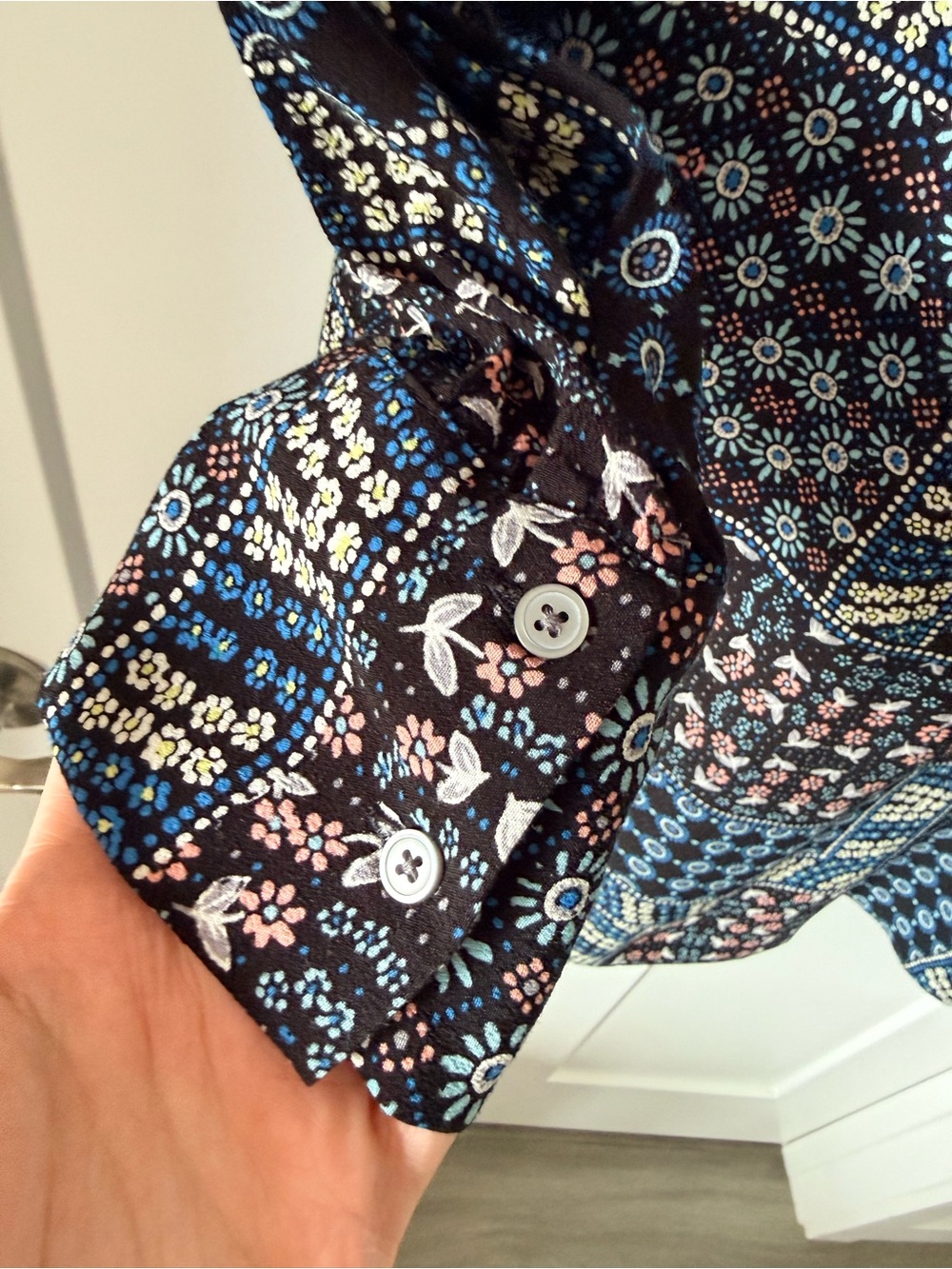 LOFT Navy Blue Patchwork Print Long Sleeve Dress Size 10 - Picture 5 of 5